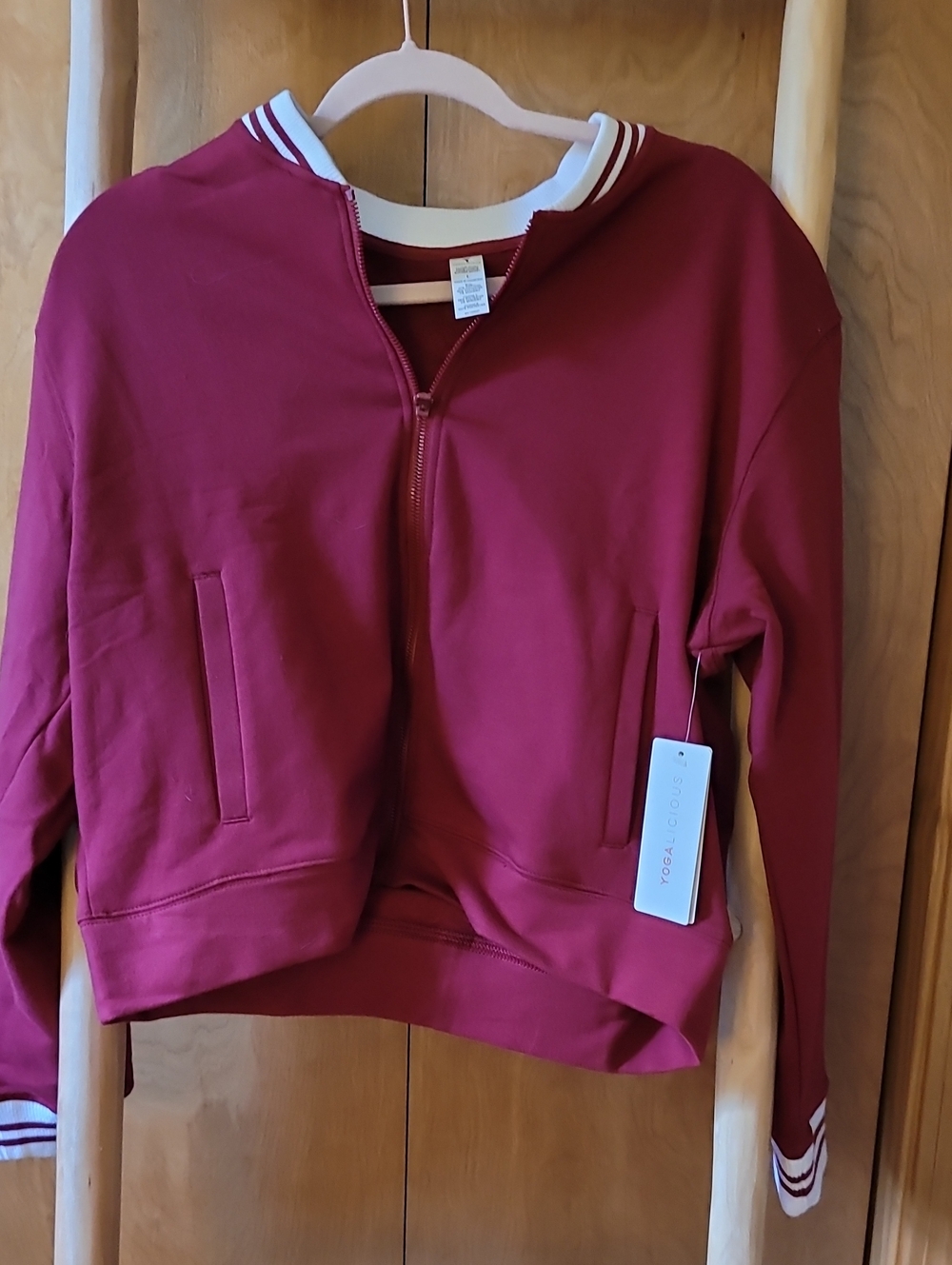 Yogalicious Burgundy Zip-Front Crew Sweatshirt with Striped Trim
